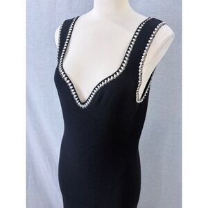 Maje Black Ribbed Knit Crochet Trim Deep V Midi Dress FR 40 US 8 Parisian Style